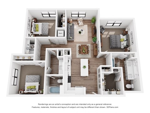 A 3D floor plan of a house with multiple rooms and furniture.